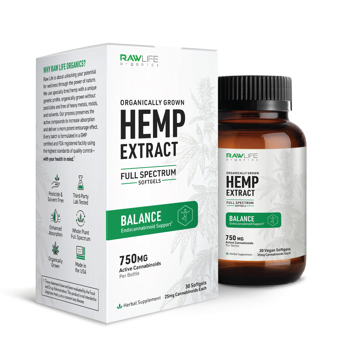 25mg Full Spectrum Hemp BALANCE Softgels (30ct) | Raw Life Organics